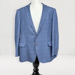 Jos A Bank 1905 Linen Wool Blazer Men 48R Blue Plaid Slim Fit Brrr‎ Comfort Coat